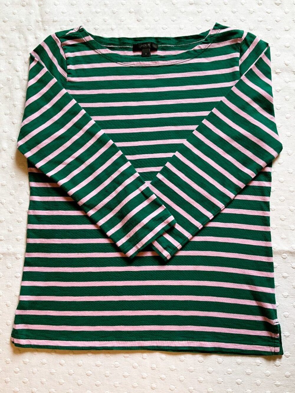 J Crew Women’s Nautical Mariner Striped Boat Neck Tee, 3/4 Sleeve, Green/Pink, S